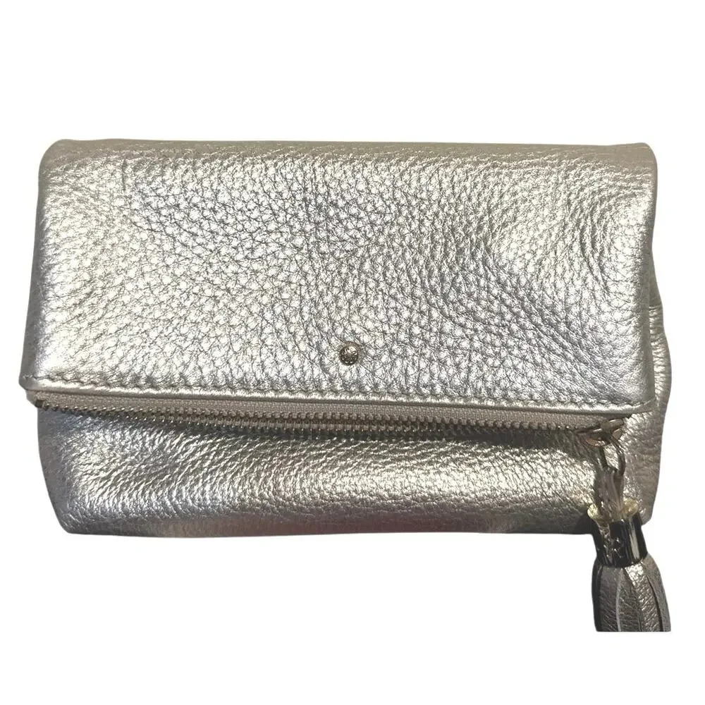 Jack Rogers Silver Metallic Leather Mini Fold-Over Tassel Crossbody Bag